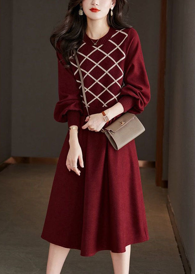 Red O Neck False Two Patchwork Wool Dresses Spring