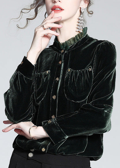 Blackish Green Stand Collar Button Silk Velour Shirt Long Sleeve