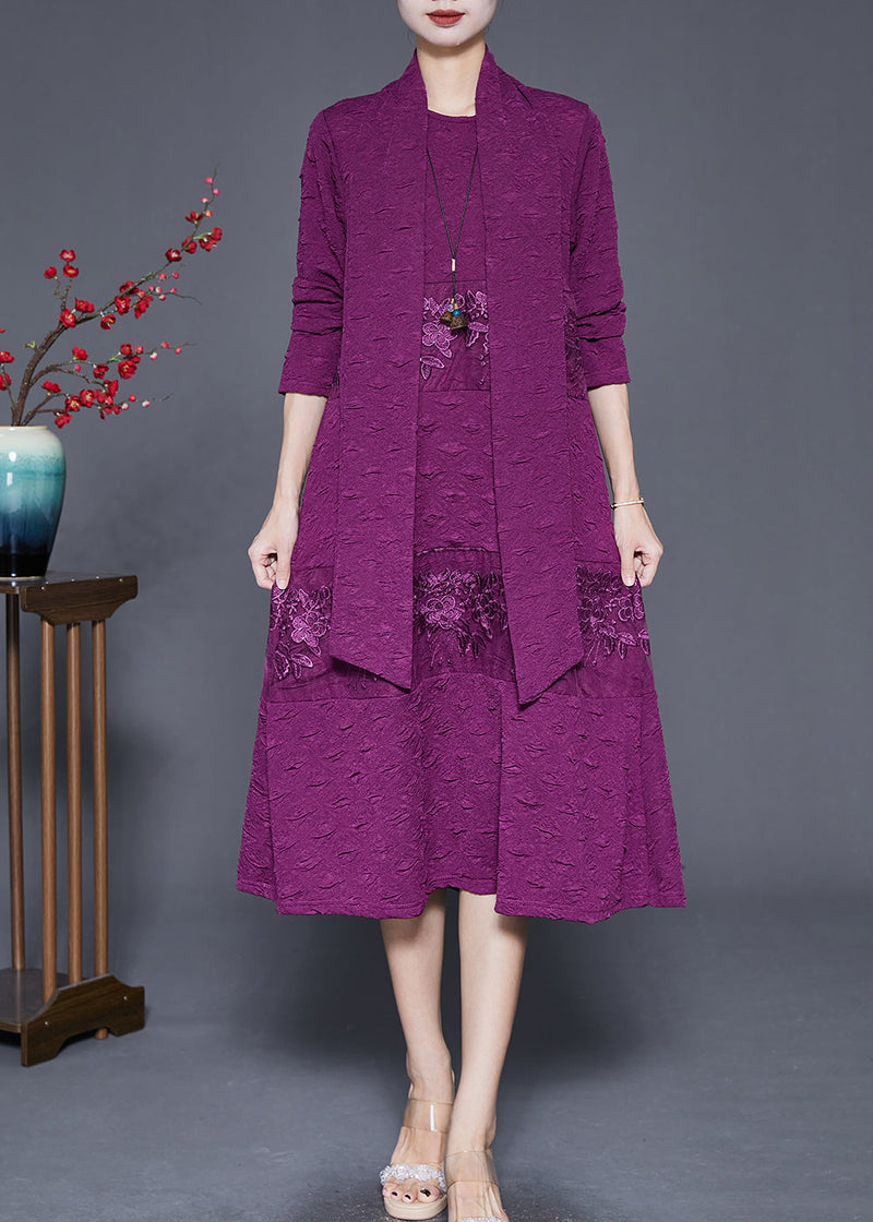 Purple Embroideried Patchwork Scarf Long Dress Fall