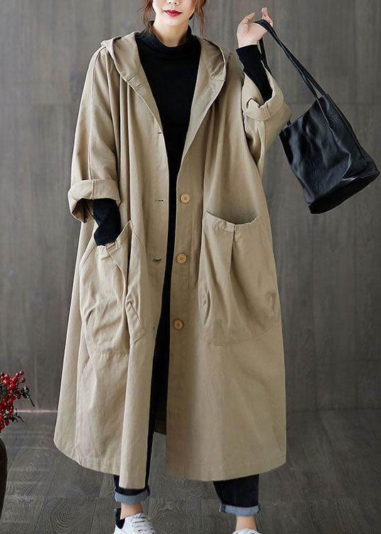 Diy Khaki Hooded Pockets Cotton Coat Spring