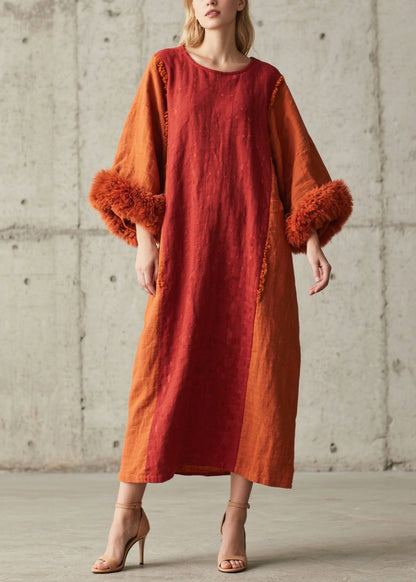 Modern Brick Red Oversized Patchwork Faux Fur Maxi Dress Fall