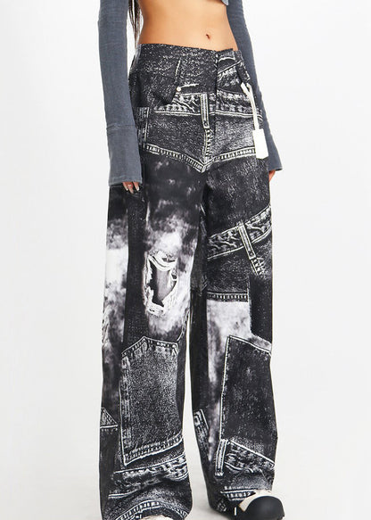 Black Print High Waist Denim Pants Spring