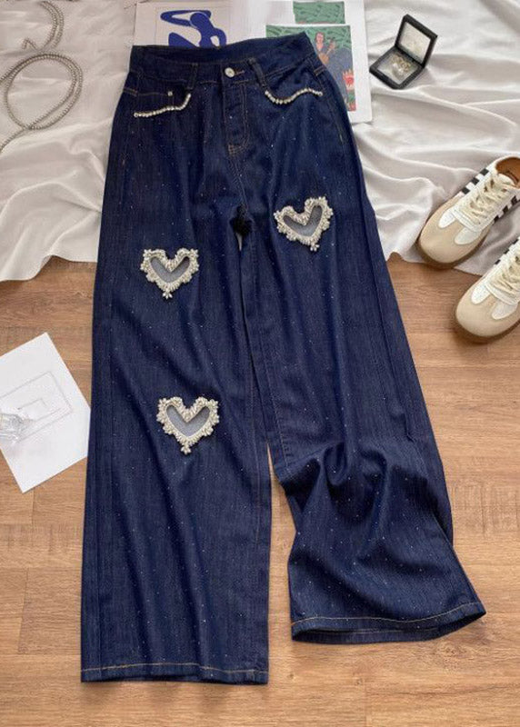 Denim Blue High Waist Patchwork Love Hole Wide Leg Jeans