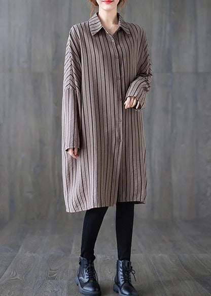 Khaki Peterpan Collar Button Striped Fall Long Sleeve Top