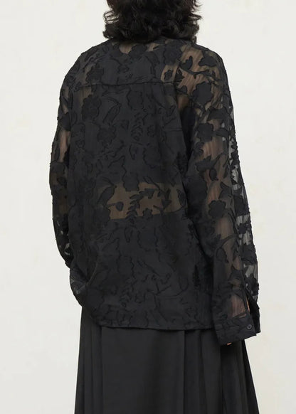 Black V Neck Tie Waist Lace Top Fall
