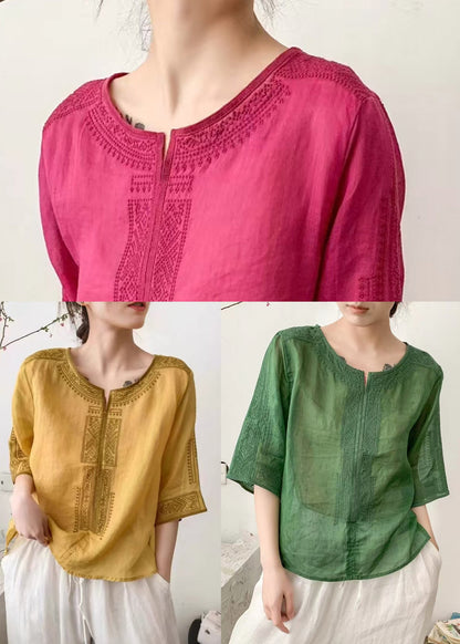 Grass Green Linen Shirts O-neck Embroidered Summer