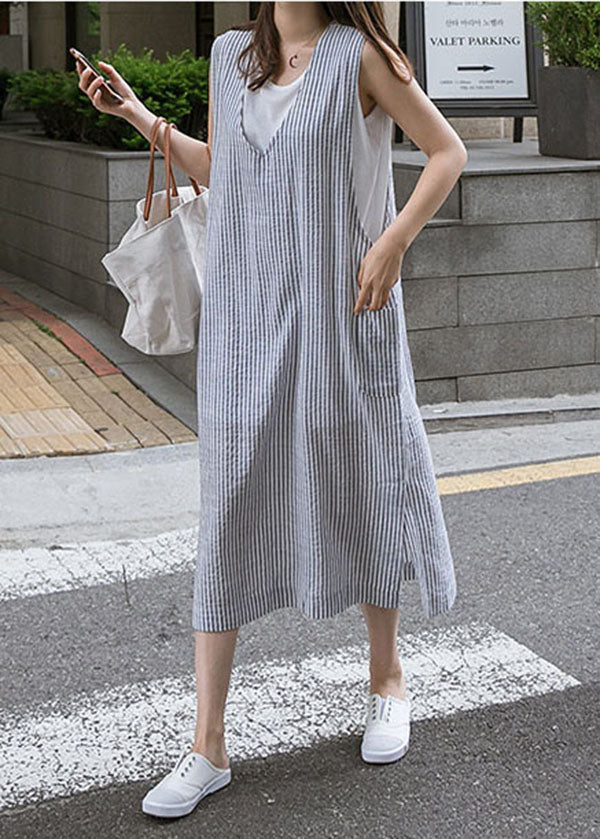 Blue V Neck Side Open Striped Cotton Beach Dress Summer