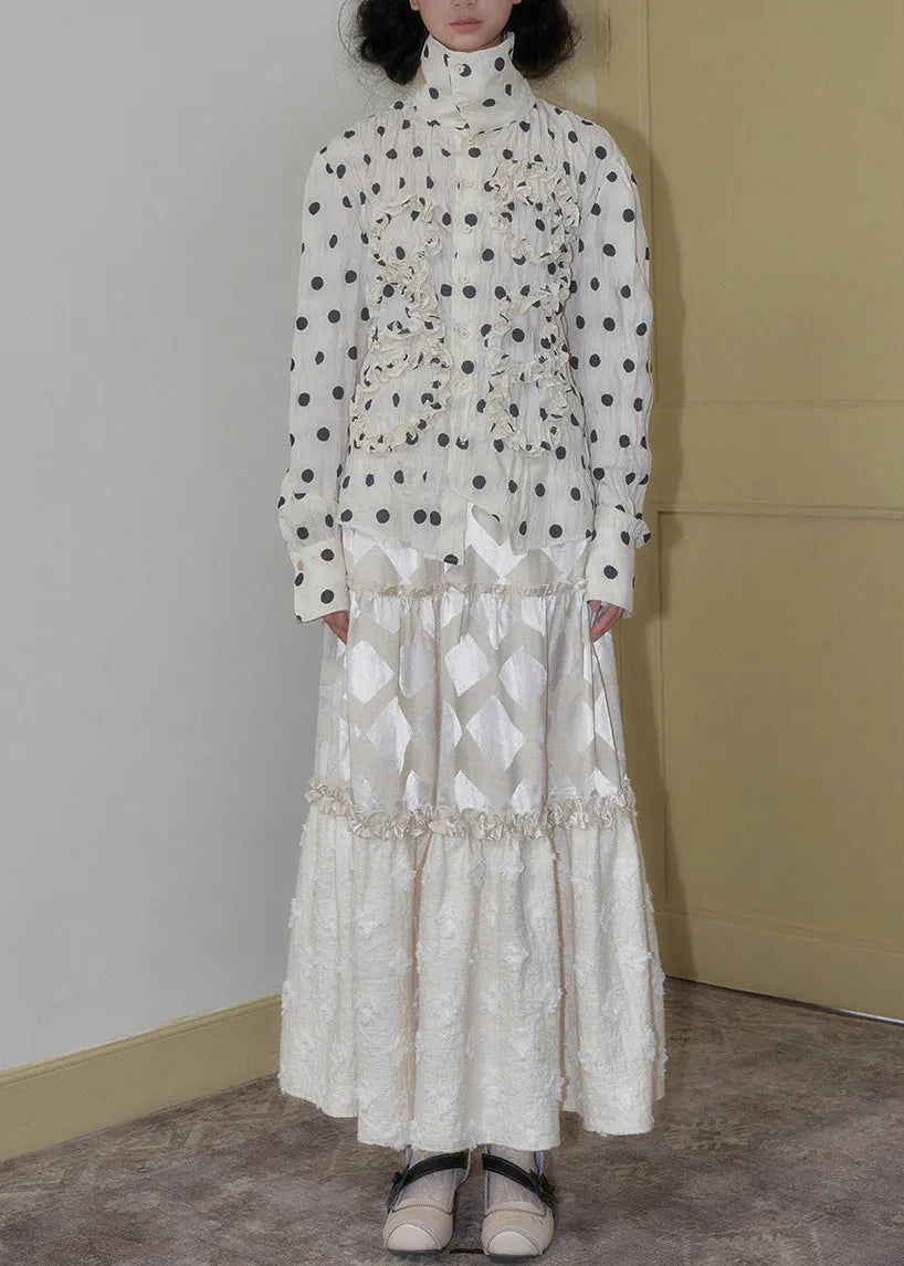 Unique White Ruffled Print Chiffon Shirt Tops Spring