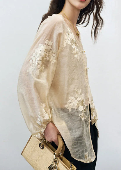 Beige V Neck Embroidered Silk Blouse Tops Fall