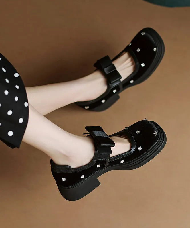 Black Bow Splicing Nail Bead Buckle Strap Chunky High Heels