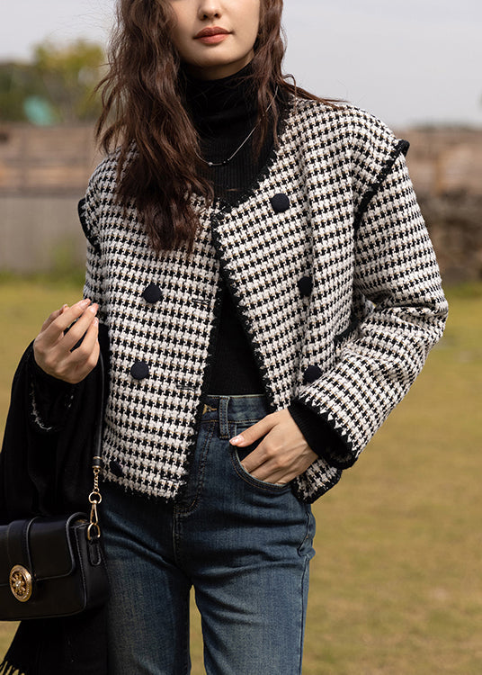 Black O Neck Double Breast Patchwork Cotton Coats Fall