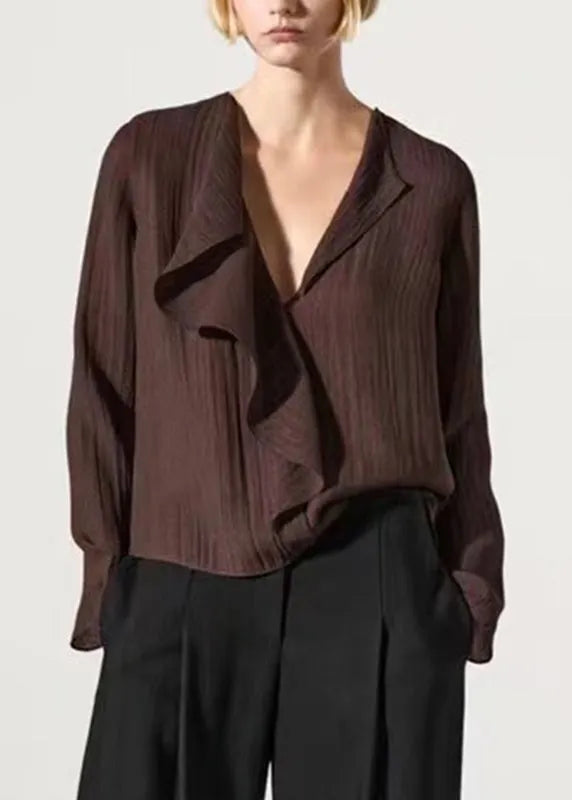 French Coffee Ruffled Patchwork Shirts Fall