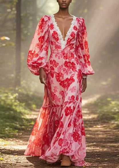 Red V Neck Print Ruffled Chiffon Long Dress Spring