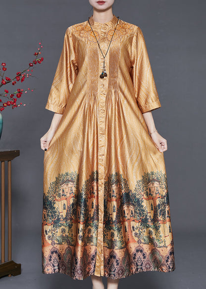 Yellow Hollow Out Print Wrinkled Silk Shirt Dresses Summer