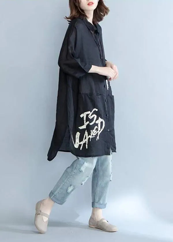 Black Peter Pan Collar Graphic Cotton Shirts Summer