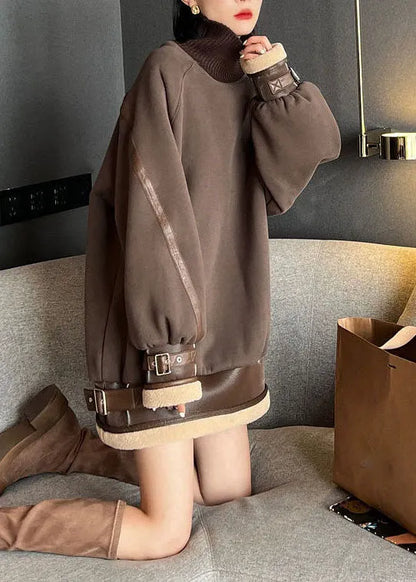 Loose Brown Turtleneck Patchwork Cotton Pullover Fall