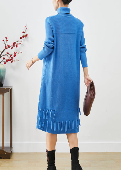 Blue Tasseled Patchwork Knit Long Dress Fall
