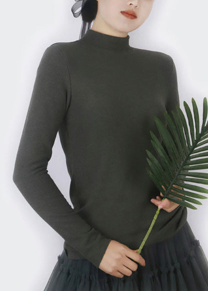 Simple Smoke Grey Turtleneck Thick T Shirts Spring