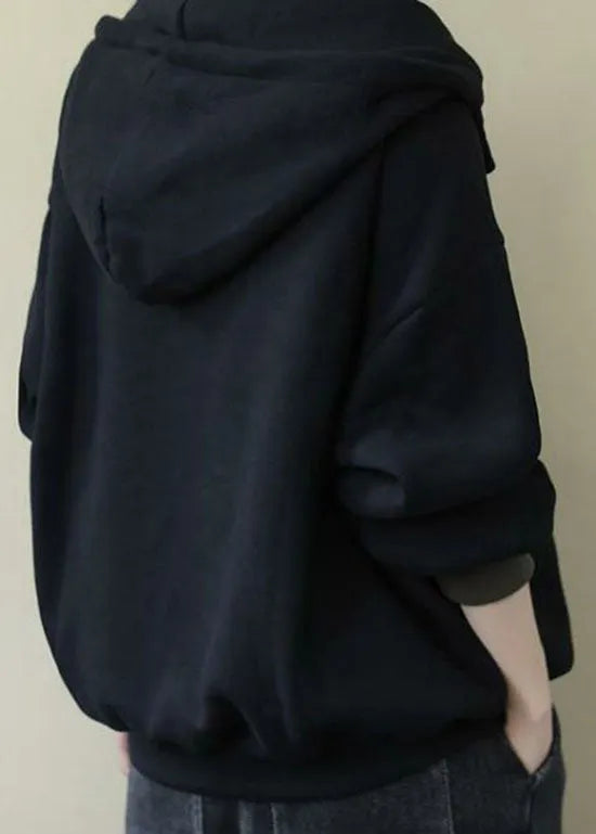 Italian Black Hooded Patchwork Fine Cotton Filled Sweatshirt Spring