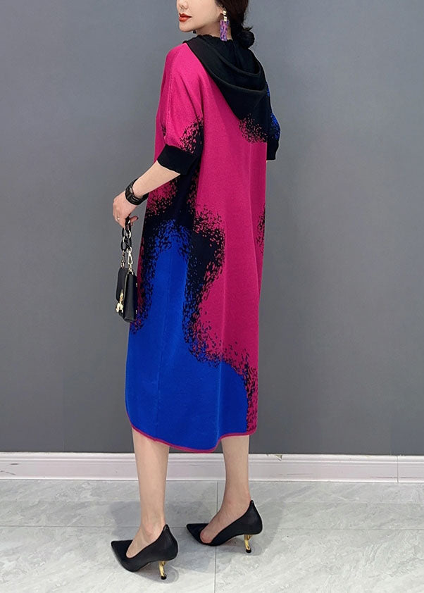 Diy Colorblock Hooded Print Knit Maxi Dresses Half Sleeve