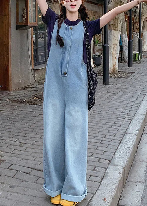 Simple Blue O-neck Pockets Denim Jumpsuit Sleeveless