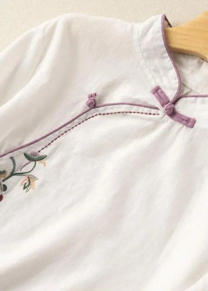 White Embroideried Button Blouse Tops Half Sleeve