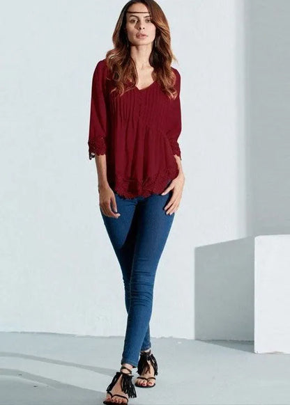 V-neck Pleated Lace Patchwork Three Quarter Sleeve Blouse