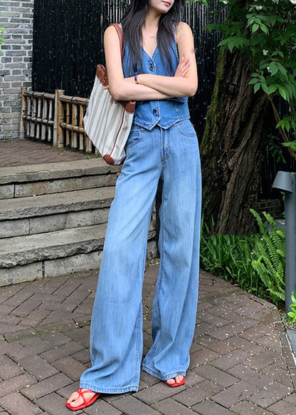 Blue High Waist Draping Denim Straight Pants Fall