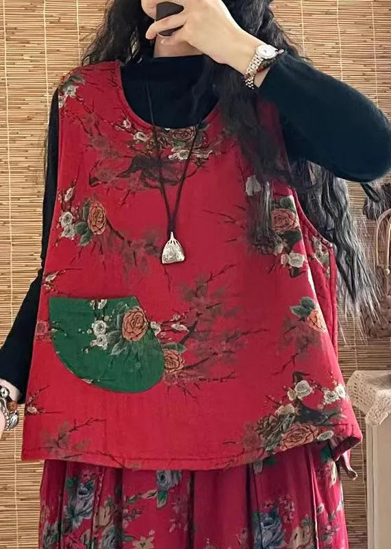 Red O-neck Print Fine Cotton Filled Vest Sleeveless