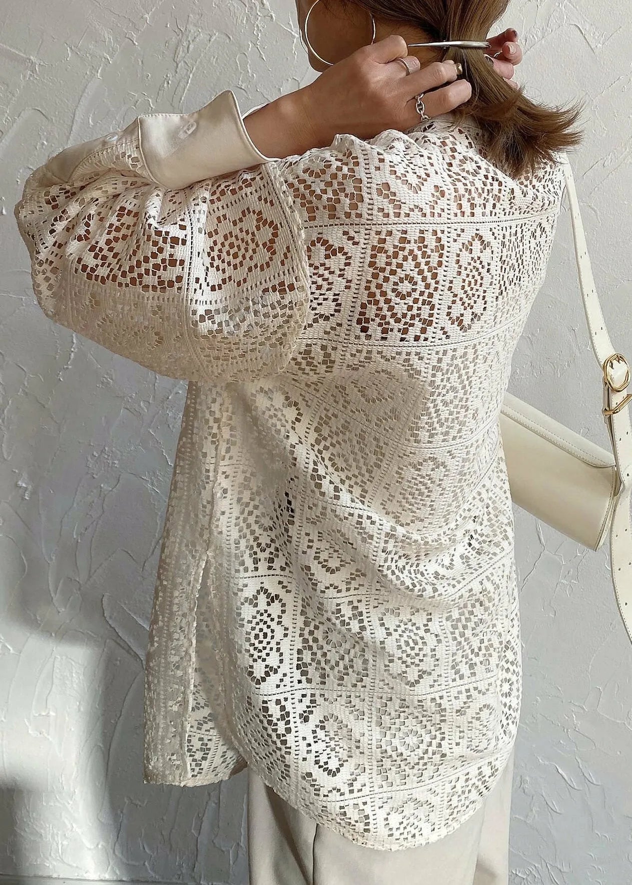 French Beige Hollow Out Lace Sheer Blouses Summer