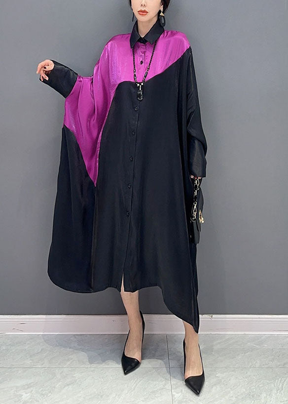 Colorblock Peter Pan Collar Patchwork Oversized Silk Dress Batwing Sleeve