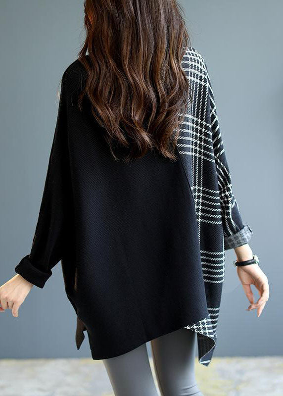 Italian Black Asymmetrical Design Patchwork Plaid Fall Knit Sweaters