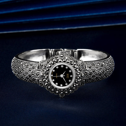 Black Sterling Silver Zircon Metal Organic Glass Wrist Watch