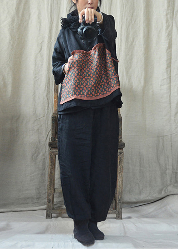 Black O-neck Print Linen Waistcoat and Pants Two Pieces Set Fall