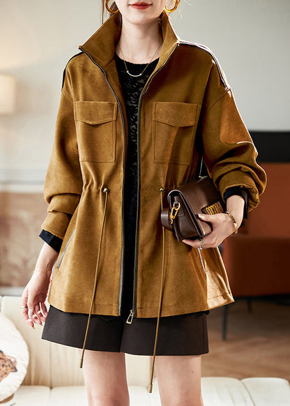 Loose Caramel Stand Collar Drawstring Pockets Cotton Coat Spring