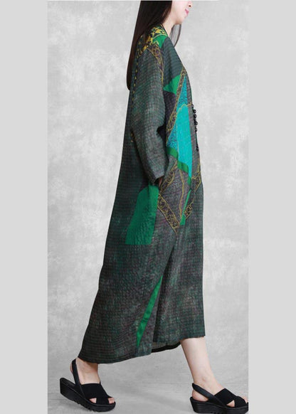 Green Print Tunic Pattern V Neck Patchwork Maxi Spring Dress