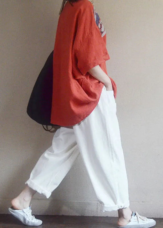 Red V Neck Loose Pockets Fall Shirt Tops Half Sleeve