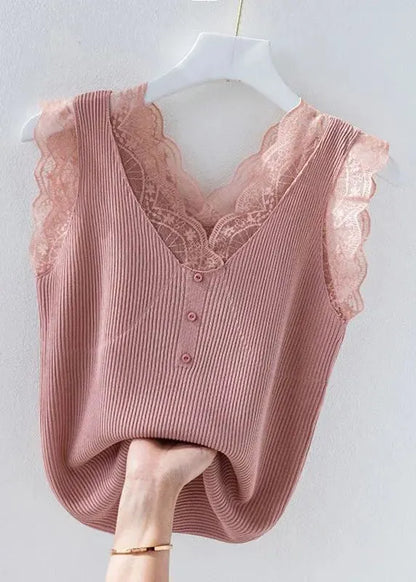 Green V Neck Lace Knit Tank Sleeveless