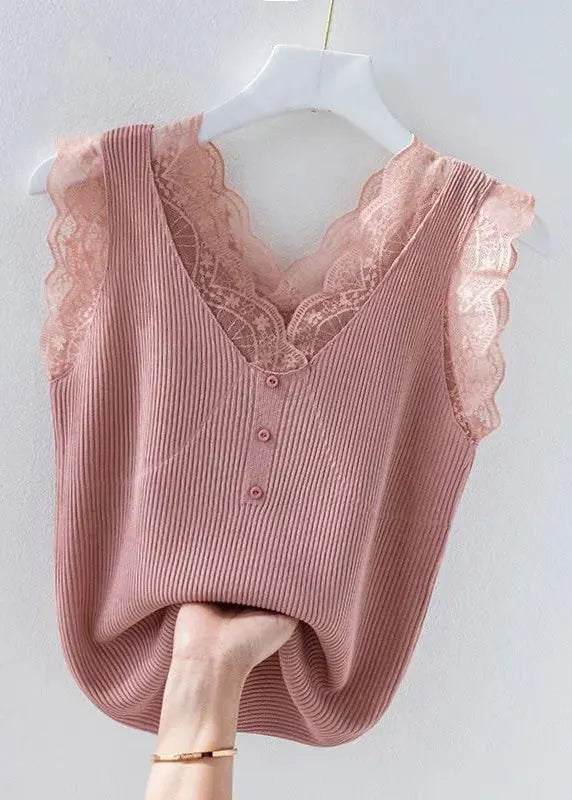 Green V Neck Lace Knit Tank Sleeveless