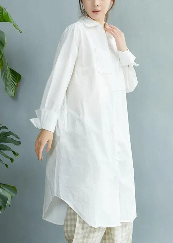 Style White Peterpan Collar Pockets Button Fall Asymmetrical Design Shirt Tops Long Sleeve