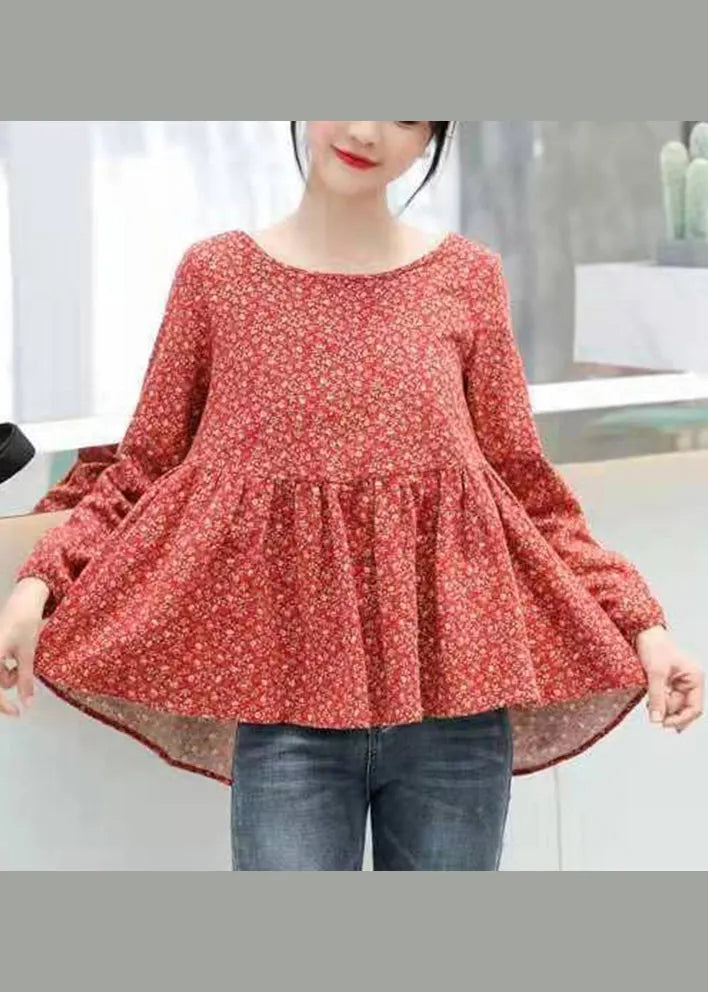 Retro Red Print Patchwork Cotton Top Long Sleeve