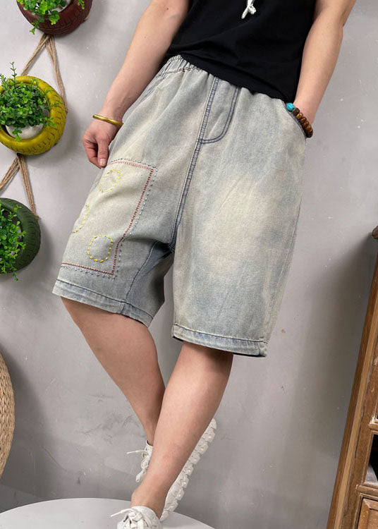 Natural Blue Embroideried Denim Shorts Summer
