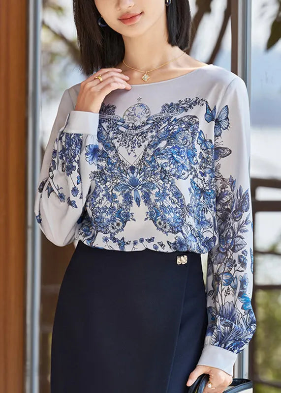 Blue O-neck Print Shirt Fall