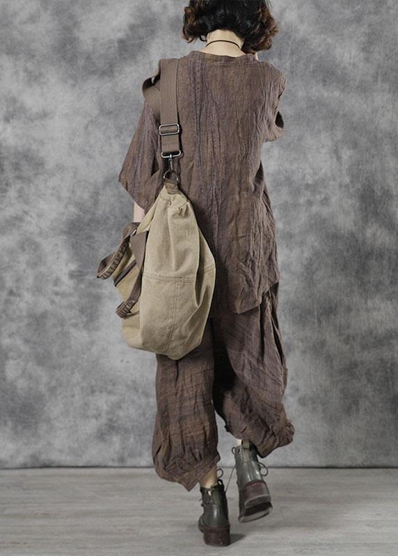 Style Chocolate Stand Button Asymmetrical Design Linen Fall Half Sleeve Two Pieces Set