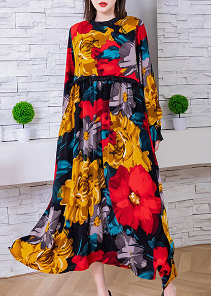 Red O-neck Cinched Print Silk Beach Dresses Spring