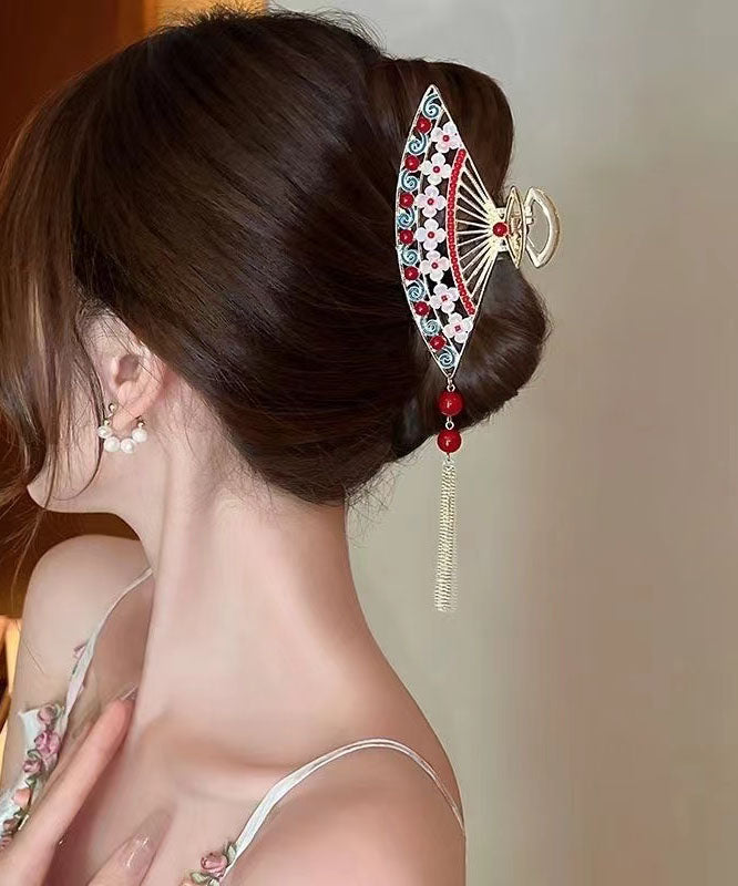 Retro Red Zircon Pearl Fan Tassel Hairpin