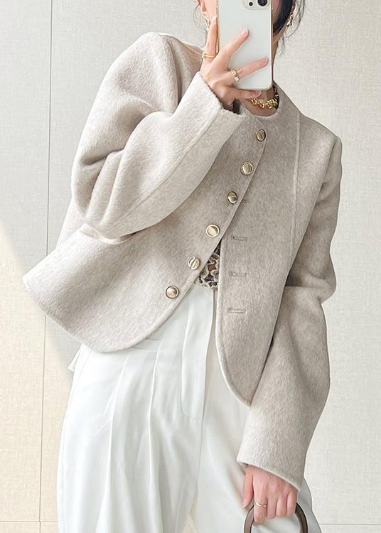 Pink O Neck Button Woolen Short Coat Spring
