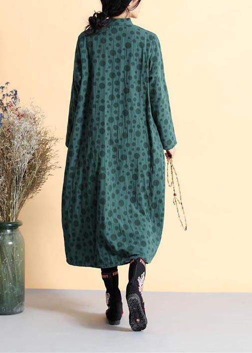 Diy Blackish Green Dotted Tunic Stand Collar Traveling Spring Dress