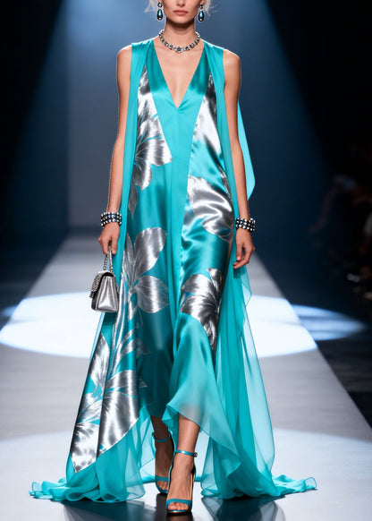 Blue V Neck Print Patchwork Chiffon Dresses Summer