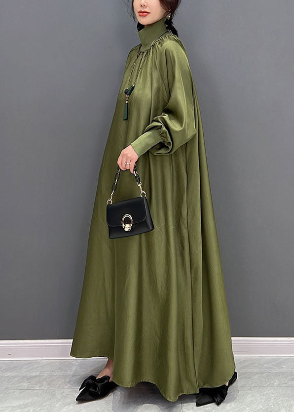 Modern Army Green High Neck Oversized Color Silk Dress Fall